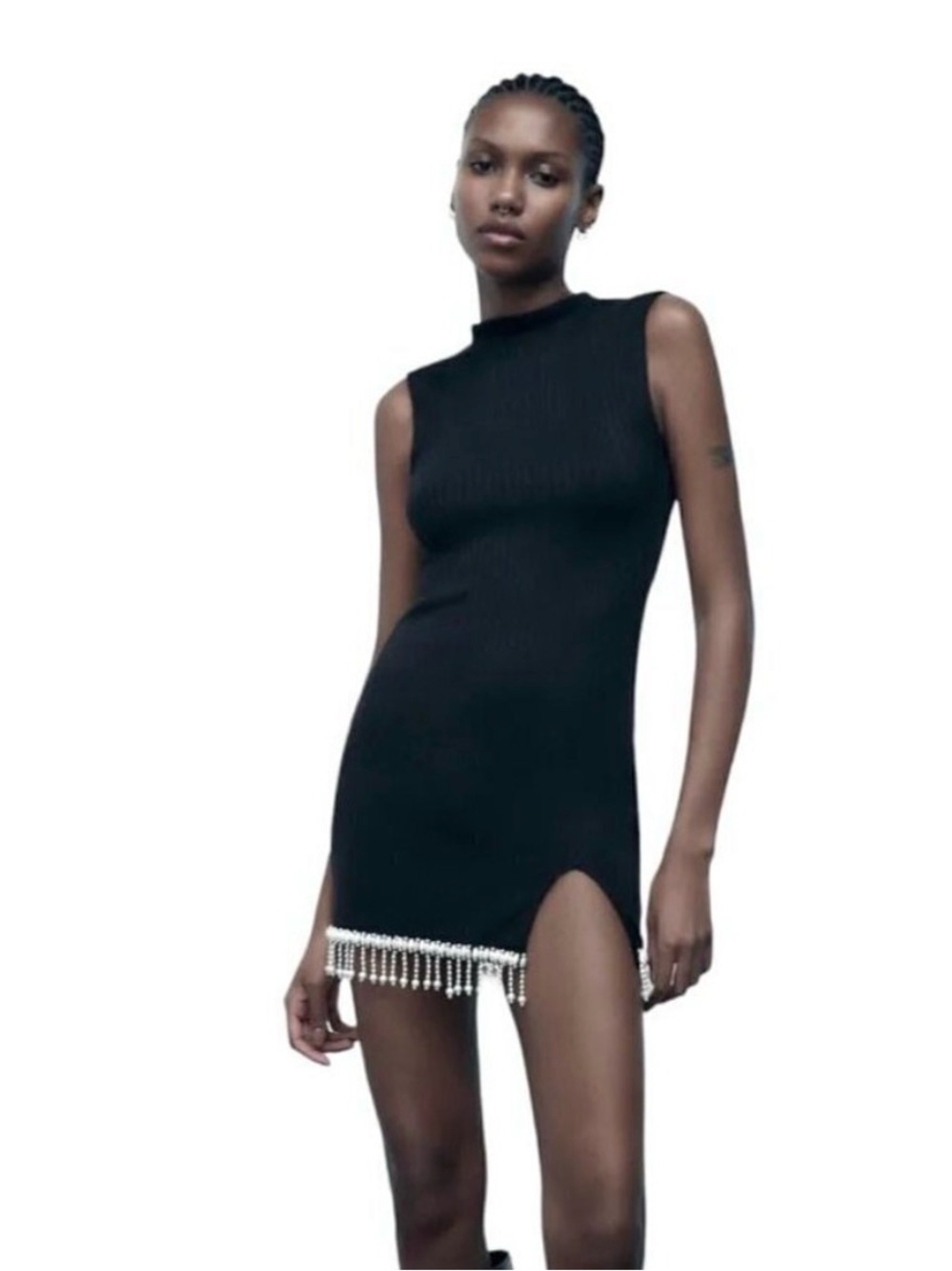 Zara Black Sleeveless Mini Dress with Crystal Fringe